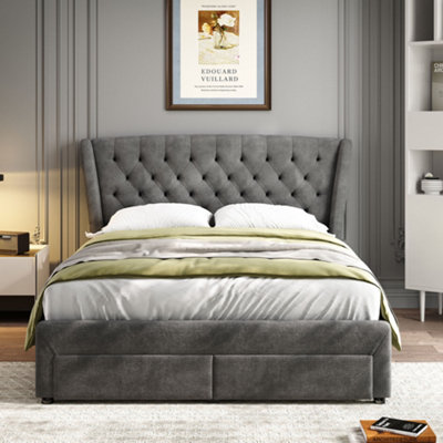 Upholstered Bed, Storage Bed, With 4 Drawers, Metal Underbed Bracket, for Adults & Teenagers, Grey,  Double Bed 135x190cm