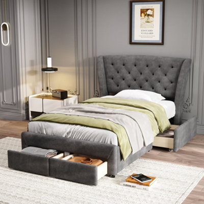 Upholstered Bed, Storage Bed, With 4 Drawers, Metal Underbed Bracket, for Adults & Teenagers, Grey,  Single Bed 90x190cm