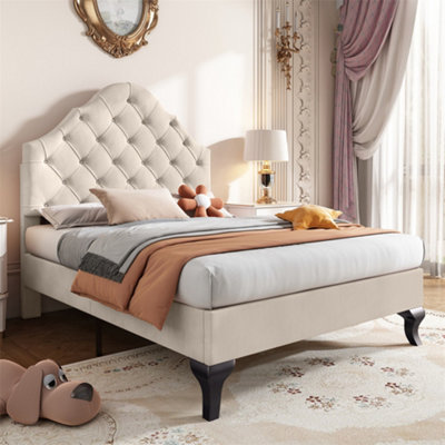 Upholstered Bed with Height-adjustable Headboard, Youth Bed, Single Bed, Wooden Slat Support, Easy Assembly, Velvet, Beige