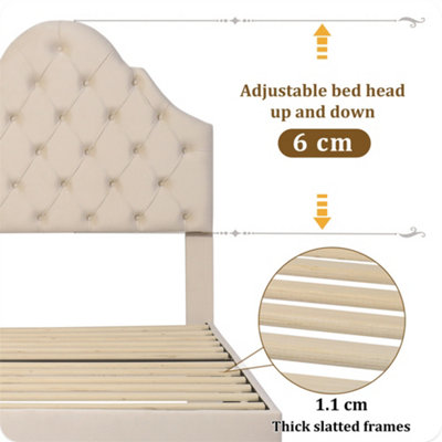 Upholstered Bed with Height-adjustable Headboard, Youth Bed, Single Bed, Wooden Slat Support, Easy Assembly, Velvet, Beige