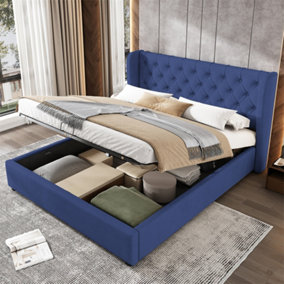 Upholstered Bed, with Hydraulic Lever, Functional Bed from Storage, 135 x 190 cm, without Mattress, Velvet, Blue