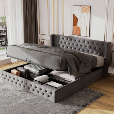 Upholstered Bed with Hydraulic Lever, Functional Bed from Storage, 150 x 200 cm, without Mattress, Velvet, Gray