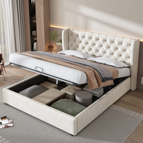 Upholstered bed, with Hydraulic Lever, Functional Bed with Storage, 135 x 190 cm, Without Mattress, Velvet, Beige
