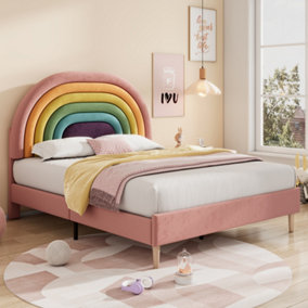 Upholstered Bed with Slatted Frame and Height Adjustable Headboard for Adults and Teenagers, 135 x 190, Velvet, Pink
