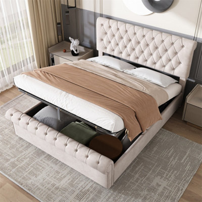 Upholstered Double Bed 4ft6 135x190 with Slatted Frame and Storage Luxurious Velvet Button Beige