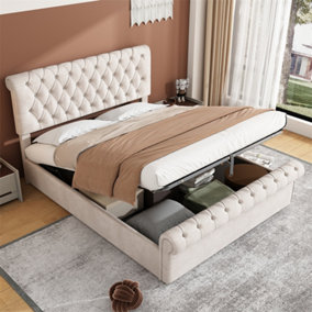 Upholstered Double Bed (4ft6, 135x190) with Slatted Frame and Storage, Luxurious Velvet Button, Beige