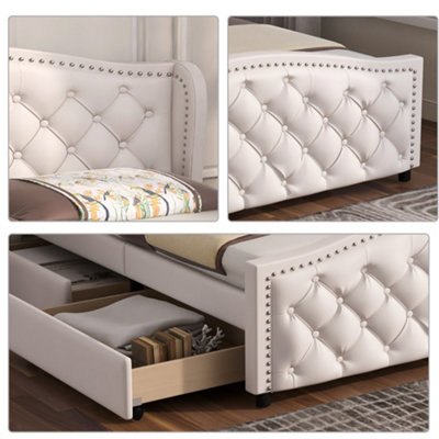 Upholstered Doubled Bed Frame with 2 Drawers, 135 x 190cm