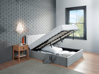 Upholstered Grey Velvet Single Ottoman Lift Up Storage Bed Frame