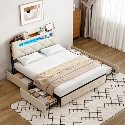 Upholstered LED Bed Frame with 2 Storage Drawers and 2-Tier Storage ...
