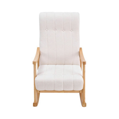 Upholstered Rocking Chair with Velvet Padded Seat Comfortable Rubberwood and High Back Armchair Beige for Living Room