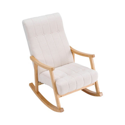 Upholstered Rocking Chair with Velvet Padded Seat Comfortable Rubberwood and High Back Armchair Beige for Living Room