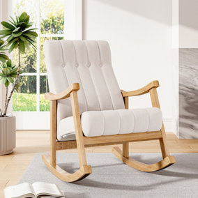 Upholstered Rocking Chair with Velvet Padded Seat Comfortable Rubberwood for Living Room High Back Armchair, Beige
