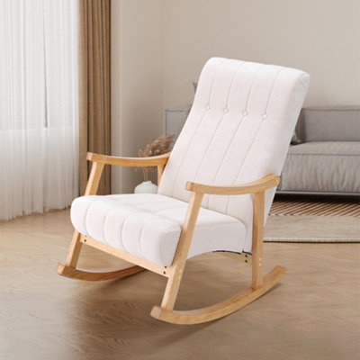 Upholstered Rocking Chair with Velvet Padded Seat Comfortable Rubberwood for Living Room High Back Armchair Beige