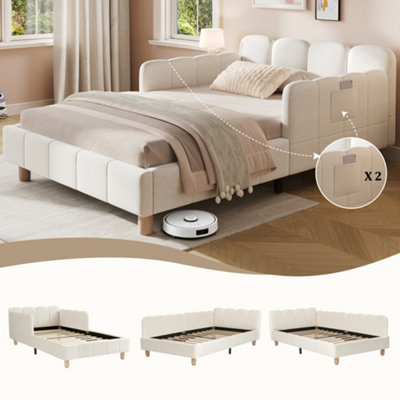 Upholstered Single Bed Frame - Beige Velvet with Adjustable Armrests