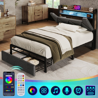 Upholstered Single Bed with LED Lighting, USB Type-C Charging Function ...