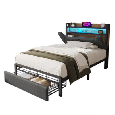 Upholstered Single Bed with LED Lighting, USB Type-C Charging Function ...