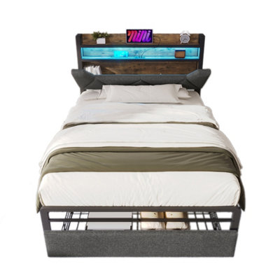 Upholstered Single Bed with LED Lighting, USB Type-C Charging Function ...