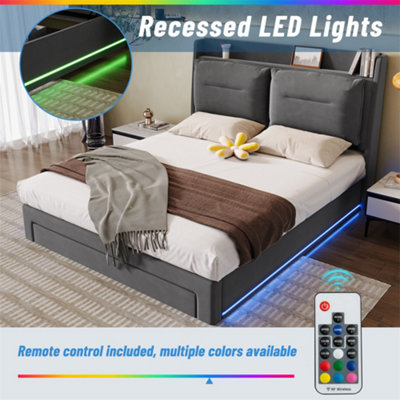 Upholstered Storage Bed with Hydraulic Lift, LED Lights & Drawers ...