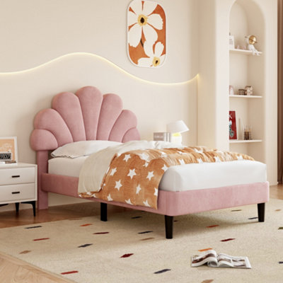 Upholstered Velvet Bed Frame with Adjustable Chic Petal Headboard Solid Wood Slat No Box Spring Needed Single Bed Pink
