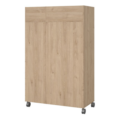 Uppsala Open Mobile Wardrobe Unit in Jackson Hickory Oak with a Beige Textile Curtain on Wheels