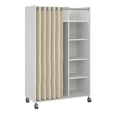 Uppsala Open Mobile Wardrobe Unit in White with a Beige Textile Curtain on Wheels