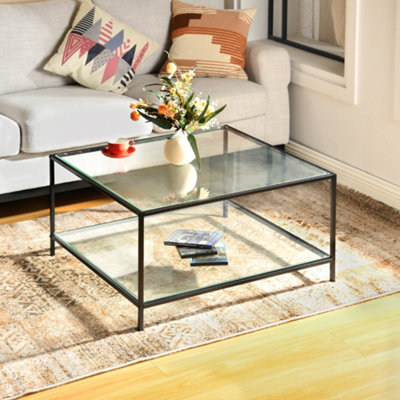 URBAN MEUBLE Clear Glass Coffee Table with Black Metal Frame