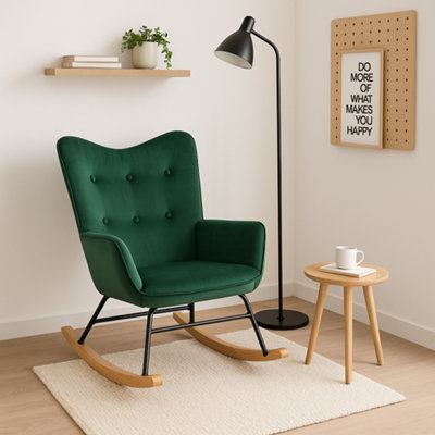 URBAN MEUBLE Green Velvet Rocking Chair with Wooden Rockers