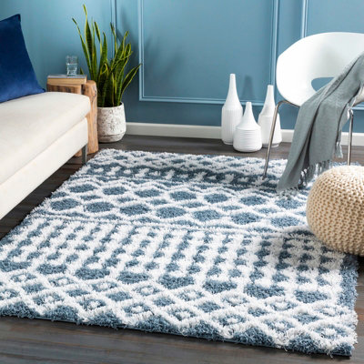 Urban Shaggy-Geometric Blue White Soft Plush Pile Living Bedroom Rug ...