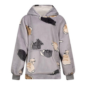 Urban Unique Cute Cats Sherpa Fleece Hoodie Blanket/Throw Grey Oversized