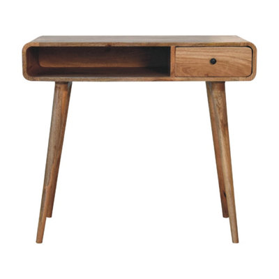 Urbino Mango Wood Writing Desk with Drawer and Shelf, Curved Oak Finish ...
