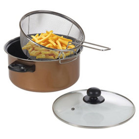 URBN-CHEF 11.5cm Height Stove Top Chip Deep Pan Fat Fryer Set Copper Look Frying Basket Clear Glass Lid