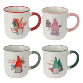 URBN-CHEF 200ml Set of 4 Xmas Christmas Gnome Design Small Porcelain Mugs Coloured Handles