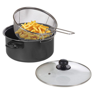 URBN-CHEF 24cm 9" Non Stick Chip Pan Deep Fat Fryer Cooking Pot Frying Basket With Lid Set