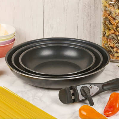 URBN-CHEF 3pcs Black Ceramic Induction Frying Pan Set Stackable Detachable Handle Pots Pan
