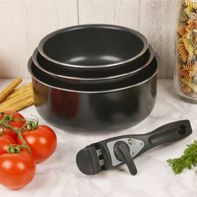 URBN-CHEF 3pcs Black Ceramic Induction Saucepan Set Stackable Detachable Handle Pots Pan