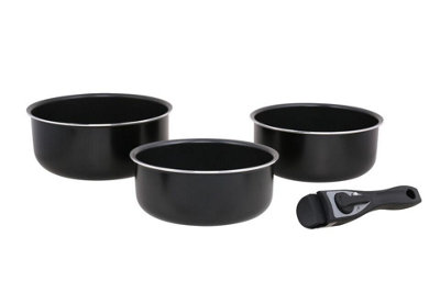 URBN-CHEF 3pcs Black Ceramic Induction Saucepan Set with Lid Stackable Detachable Handle