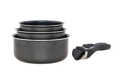 URBN-CHEF 3pcs Black Ceramic Induction Saucepan Set with Lid Stackable Detachable Handle