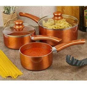 URBN-CHEF 3pcs Ceramic Copper Induction Cooking Pots Lid Saucepans Cookware Set