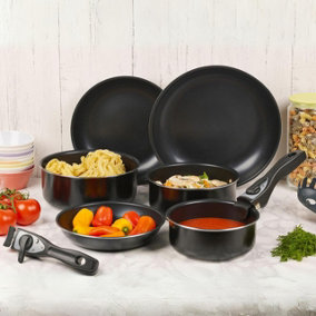 URBN-CHEF 7pcs Black Ceramic Induction Cookware Set with Lid Stackable Detachable Handle
