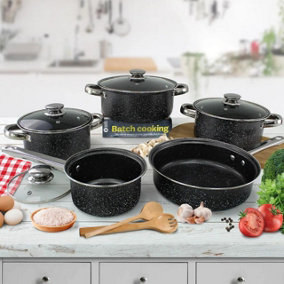 URBN-CHEF 8pcs Black Marble Look Steel Cookware Set Saucepan Lids Cooking Frying Milk Pan