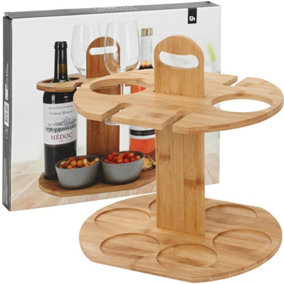 URBN-CHEF Height 33cm Bamboo Wine Bottle & Glass Holder Serving Tray Storage Tabletop Snack Dish Rack