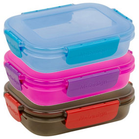 URBN-CHEF Height 5cm Set of 3 Plastic 1 of each colour Lunch Box Food Storage Air Tight Rubber Seal Container with Clip Lock