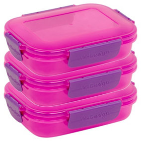 URBN-CHEF Height 5cm Set of 3 Plastic Pink/Purple Lunch Box Food Storage Air Tight Rubber Seal Container with Clip Lock