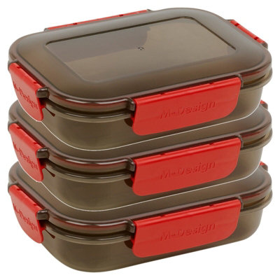 URBN-CHEF Height 5cm Set of 3 Plastic Red/Black Lunch Box Food Storage ...