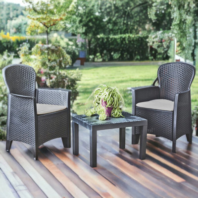 URBN-GARDEN 3pc Outdoor Garden Furniture Cushioned Black Rattan Table Chair Conversation Set