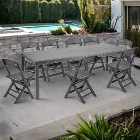 URBN-GARDEN 76cm Height Long Anthracite Garden Dining Table & 8pcs Foldable Chairs Set Outdoor Furniture
