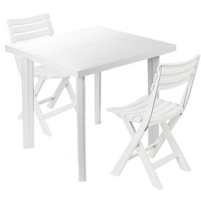 URBN GARDEN 79cm Height White Plastic Garden Dining Table with Chairs Set Patio Deck Outdoor Furniture 3pcs