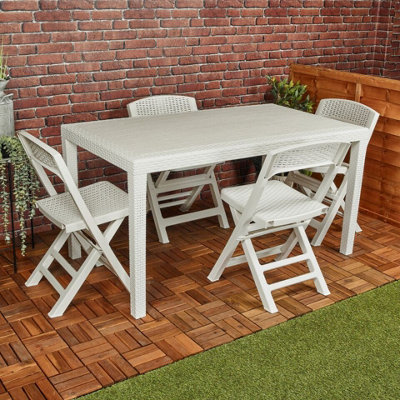 URBN-GARDEN White Plastic Rattan Patio Dining Table & 4 Folding Chairs ...