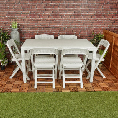 URBN-GARDEN White Plastic Rattan Patio Dining Table & 6 Folding Chairs Outdoor Garden Furniture Sets