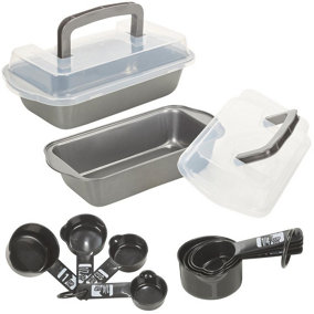 URBNCHEF 2 Pc Bread Baking Cake Pan Oven Tin Tray Set Storage Lid & Measuring Spoons Kit